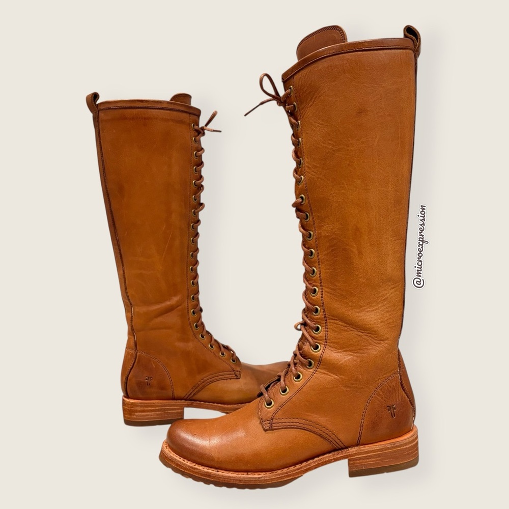 $665 Frye Veronica Tall Cognac Leather Lace Up Knee High Riding Equestrian Boot - Picture 6 of 14